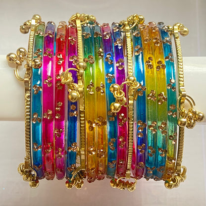 Triple Stone Golden Kashmiri Bangles Set