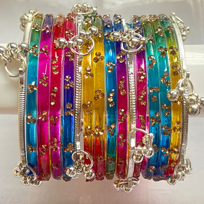 Triple Stone Silver Kashmiri Bangles Set