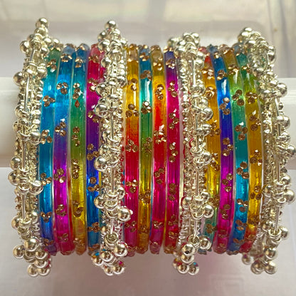 Triple Stone Silver Ghungroo Bangles Set