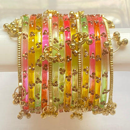Triple Stone Golden Kashmiri Bangles Set