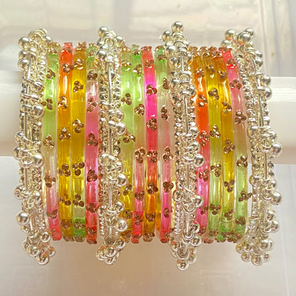 Triple Stone Silver Ghungroo Bangles Set