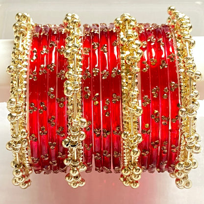 Triple Stone Golden Ghungroo Bangles Set