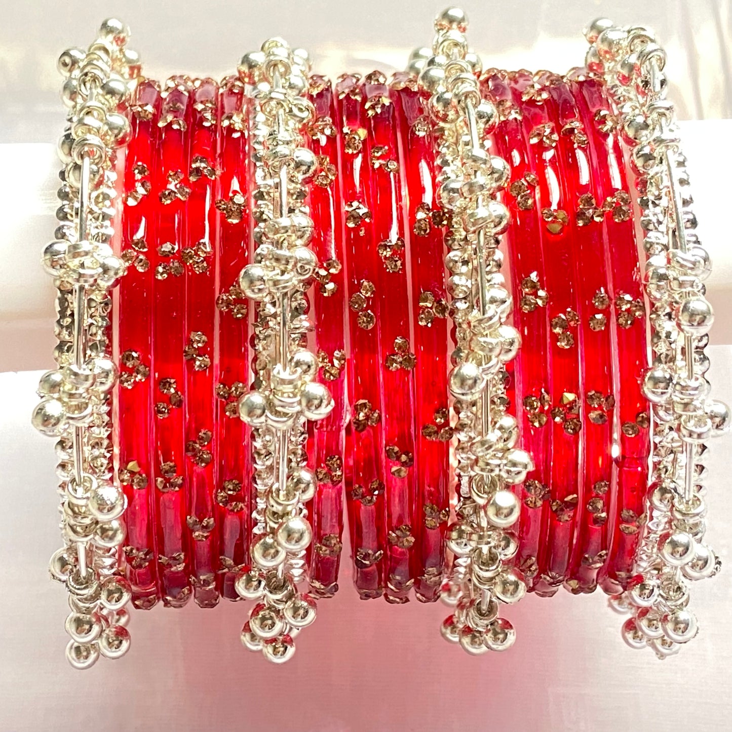 Triple Stone Silver Ghungroo Bangles Set