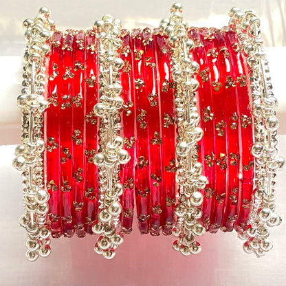 Triple Stone Silver Ghungroo Bangles Set