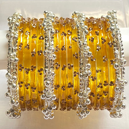 Triple Stone Silver Ghungroo Bangles Set