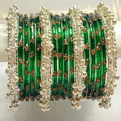 Triple Stone Silver Ghungroo Bangles Set