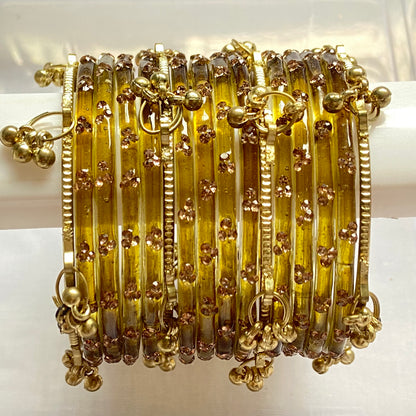 Triple Stone Golden Kashmiri Bangles Set