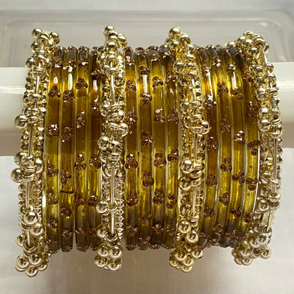 Triple Stone Golden Ghungroo Bangles Set