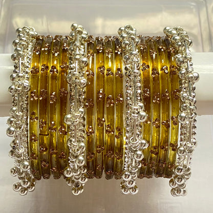 Triple Stone Silver Ghungroo Bangles Set