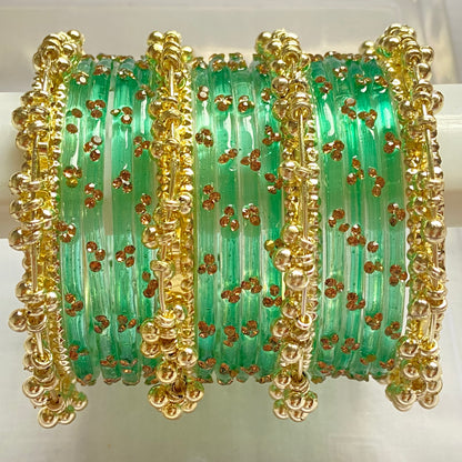Triple Stone Golden Ghungroo Bangles Set