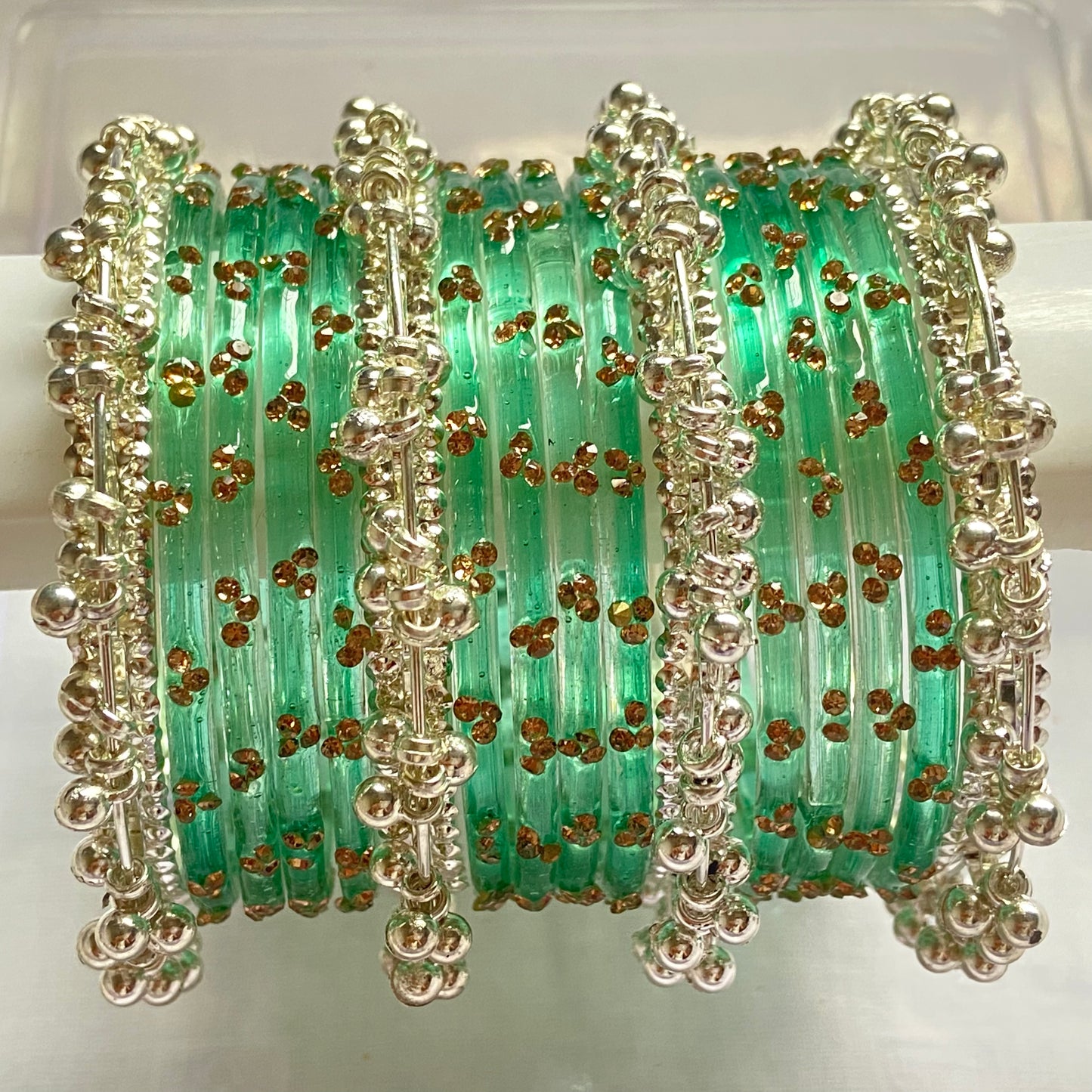 Triple Stone Silver Ghungroo Bangles Set