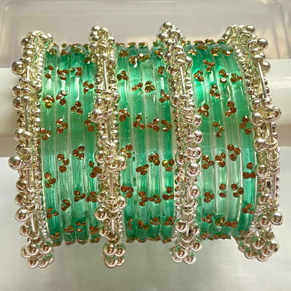 Triple Stone Silver Ghungroo Bangles Set