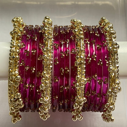 Triple Stone Golden Ghungroo Bangles Set