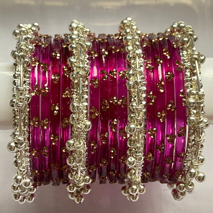Triple Stone Silver Ghungroo Bangles Set