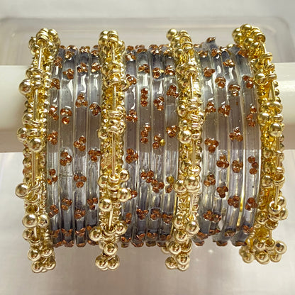 Triple Stone Golden Ghungroo Bangles Set
