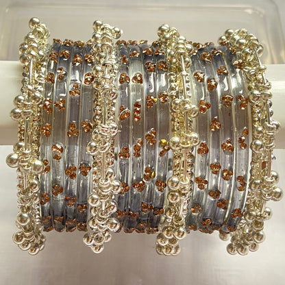 Triple Stone Silver Ghungroo Bangles Set