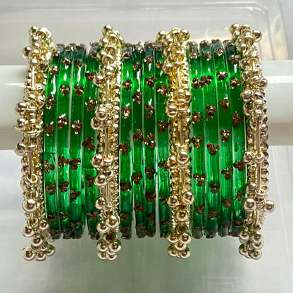 Triple Stone Golden Ghungroo Bangles Set