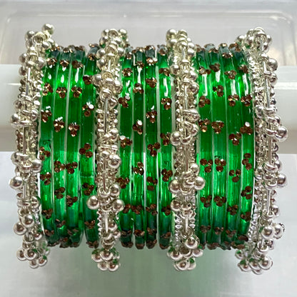 Triple Stone Silver Ghungroo Bangles Set