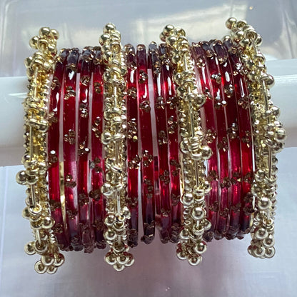 Triple Stone Golden Ghungroo Bangles Set