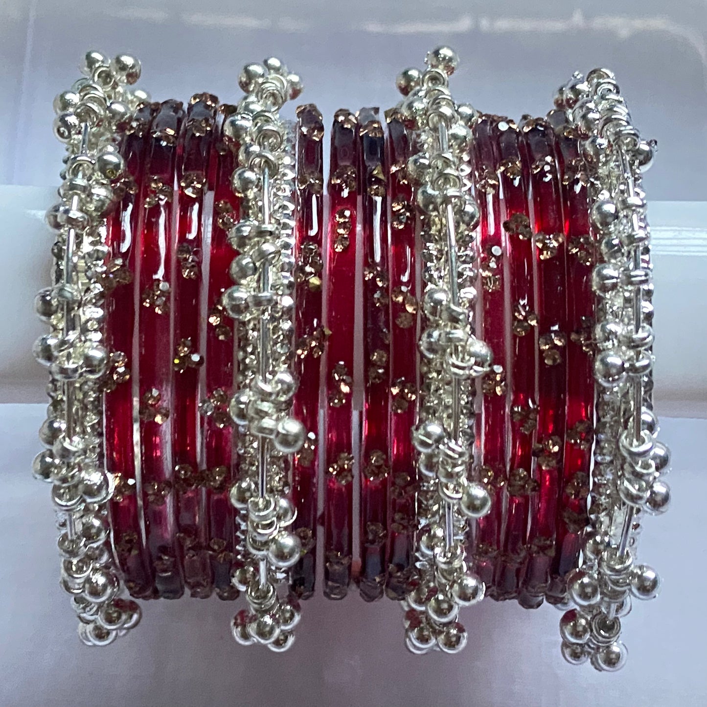 Triple Stone Silver Ghungroo Bangles Set