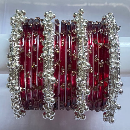 Triple Stone Silver Ghungroo Bangles Set