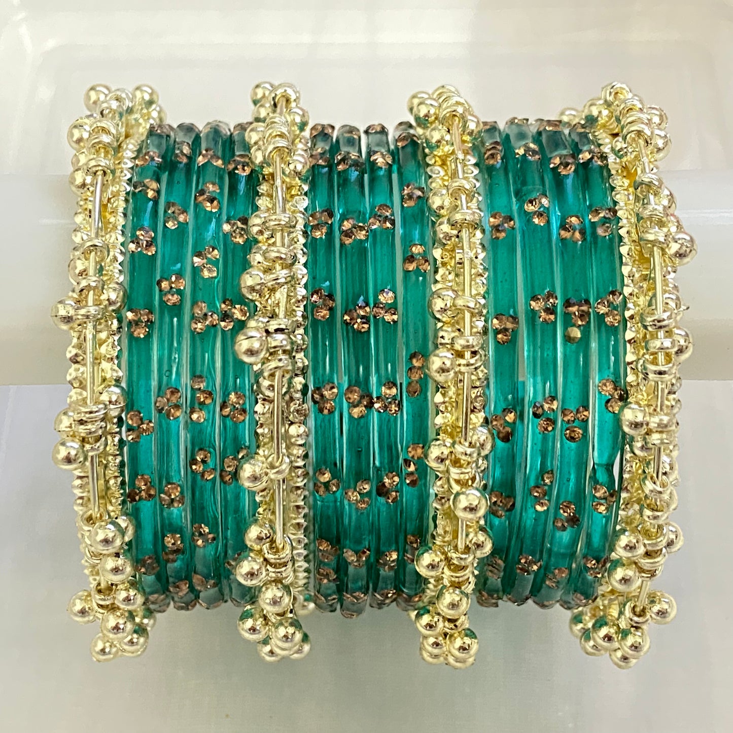 Triple Stone Golden Ghungroo Bangles Set