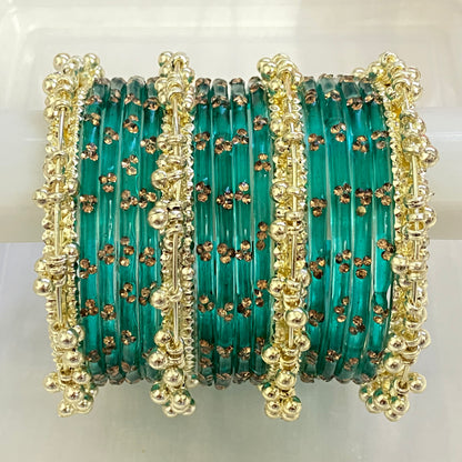 Triple Stone Golden Ghungroo Bangles Set