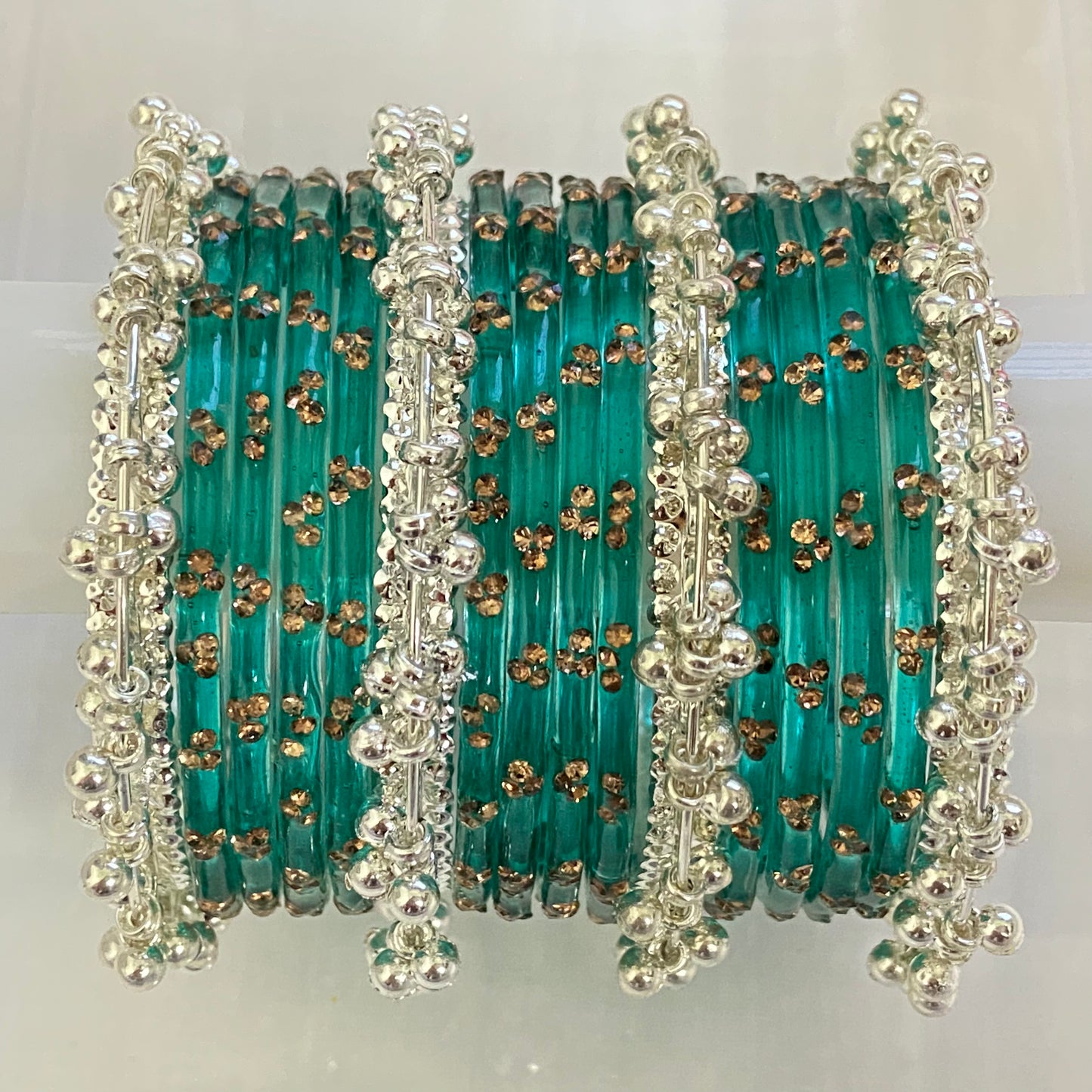 Triple Stone Silver Ghungroo Bangles Set