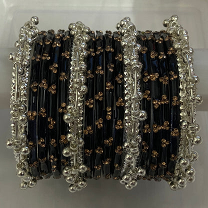 Triple Stone Silver Ghungroo Bangles Set